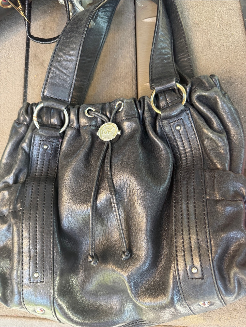 Michael Kors Black Leather Drawstring Tote Shoulder Bag